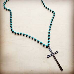NEW JEWELRY JUNKIE women's long beaded antique copper cross necklace in turquois